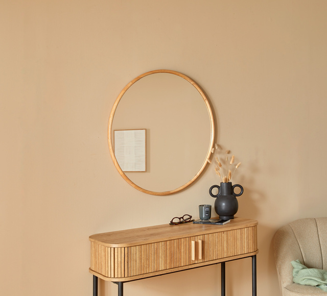 Oglindă de perete KIM cu ramă din lemn, Ø 75 cm