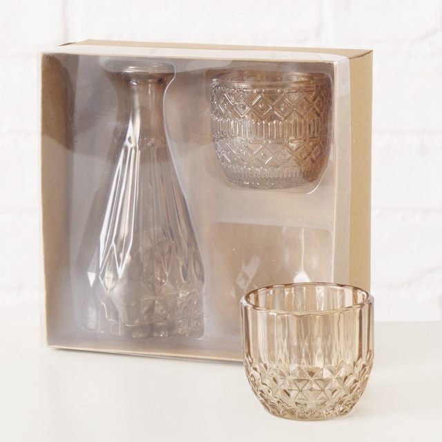 Set de decor din sticlă CHERIN, sfeșnice și vază