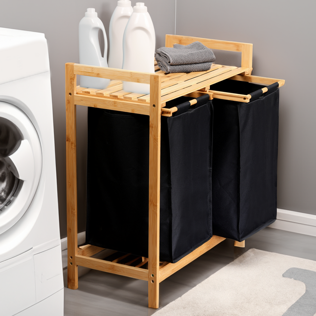 Cos de rufe din bambus, doua compartimente, 64 x 73 cm