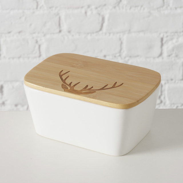 Unt din ceramică ASPEN cu capac din bambus, 16 x 10 cm
