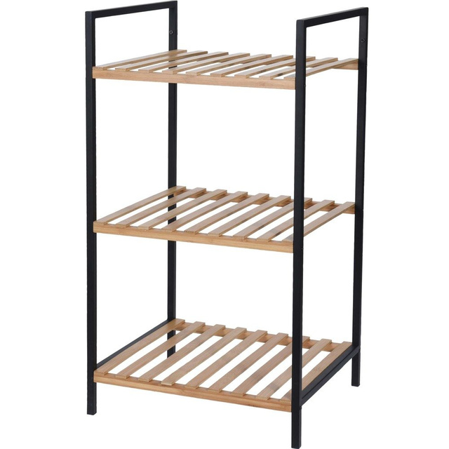 Raft de baie cu 3 rafturi, bambus, suport pentru accesorii pe cadru metalic