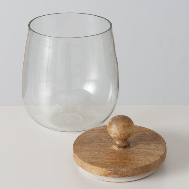 Borcan din sticla Varuf cu capac din lemn de mango, 12 cm