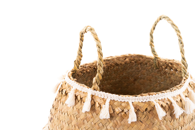 Coș decorativ, iarbă de mare, țesut, Ø 31 cm, cu franjuri