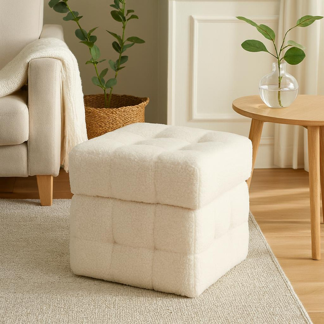 Pufă cu compartiment cub SQUARE, tapițerie de miel, 38 x 38 x 37 cm, albă