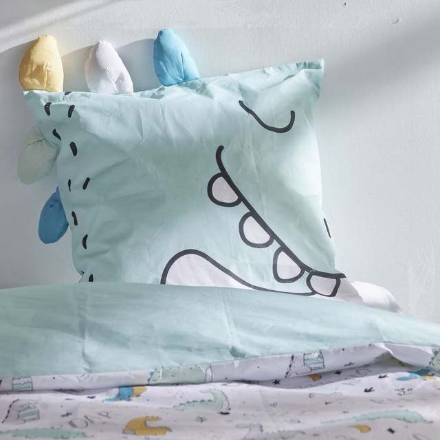Lenjerie de pat pentru copii 140x200 cm LAZY MORNING, din bumbac, cu față de pernă cu urechi, dinozaur