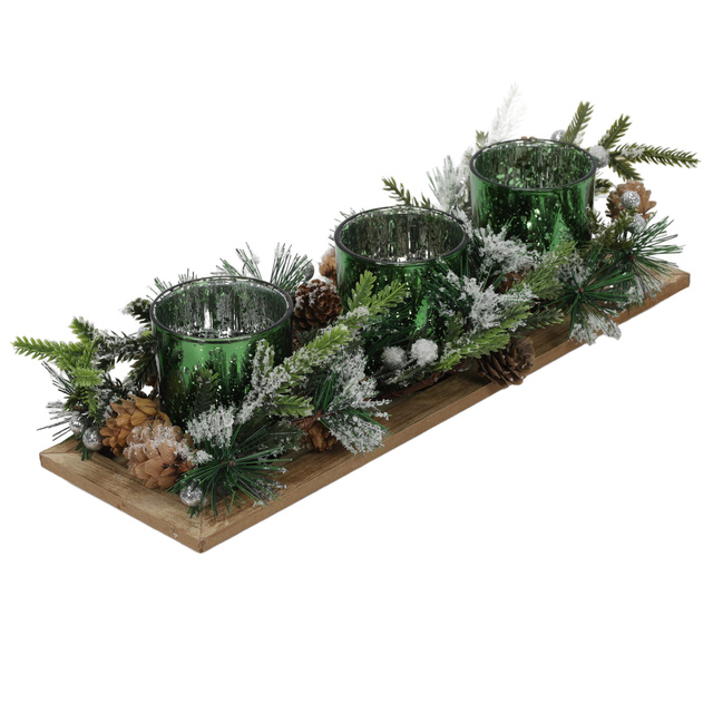 Set de trei suporturi pentru lumânări tealight pe o bază decorativă, verde