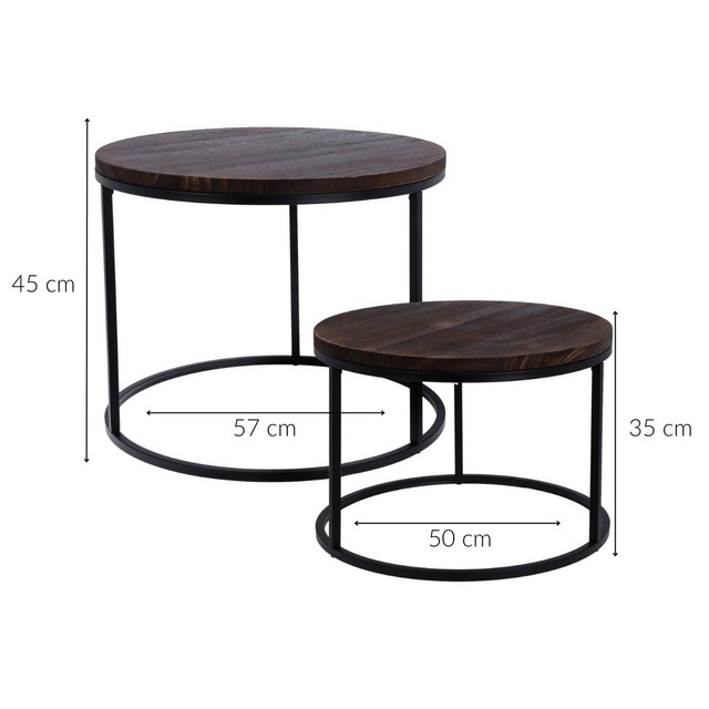 Set de mese de cafea cu blat din lemn de paulownia, cadru metalic, 2 bucăți, Ø 57 cm, Ø 50 cm