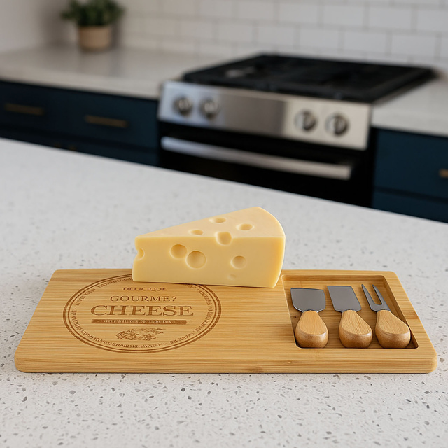Placă din bambus pentru brânzeturi și gustări + 3 cuțite