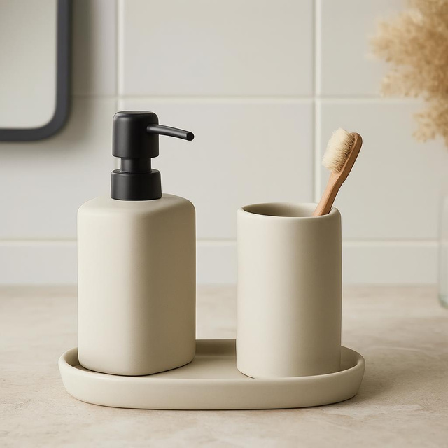 Set de baie PLY, dozator ceramic, cană și tavă, bej