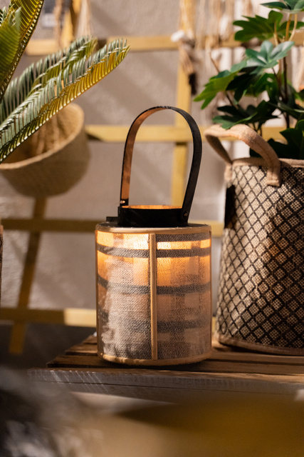 Felinar din bambus cu corp metalic, Ø 17 x 22 cm