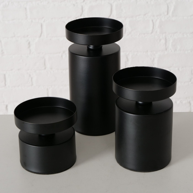 Set 3 suporturi de lumanare de masa, pentru lumanari groase Meril, 7,5 cm, negru
