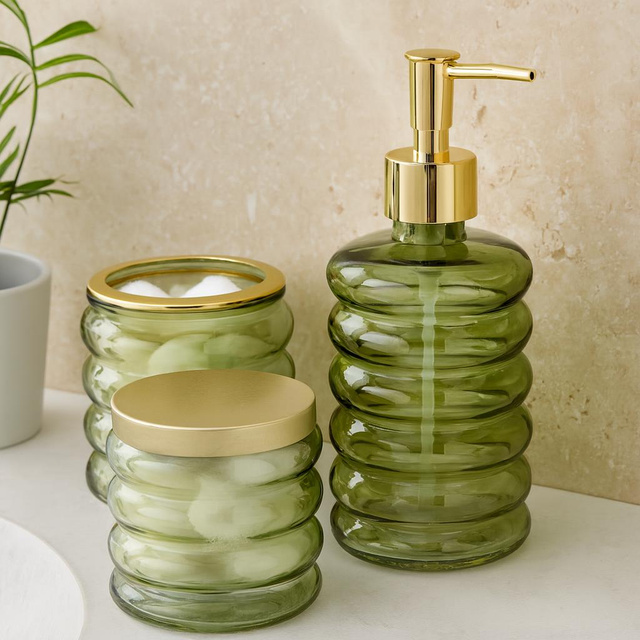 Set de baie HUM, dozator din sticlă, cană, recipient, 3 elemente, verde