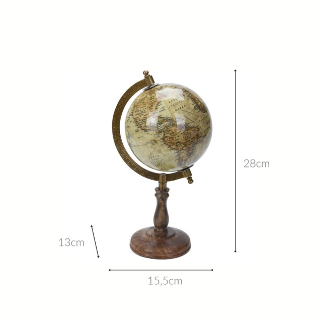 Glob decorativ cu un glob de alamă și bază din lemn de mango, 15,5 x 13 x 28 cm