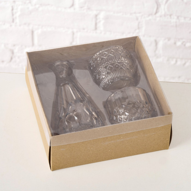 Set de decor din sticlă CHERIN, sfeșnice și vază