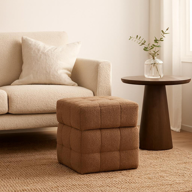 Puf cu compartiment cub SQUARE, tapițerie de miel, 38 x 38 x 37 cm, maro