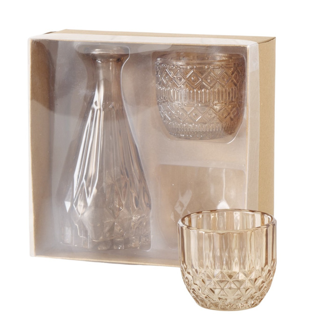 Set de decor din sticlă CHERIN, sfeșnice și vază