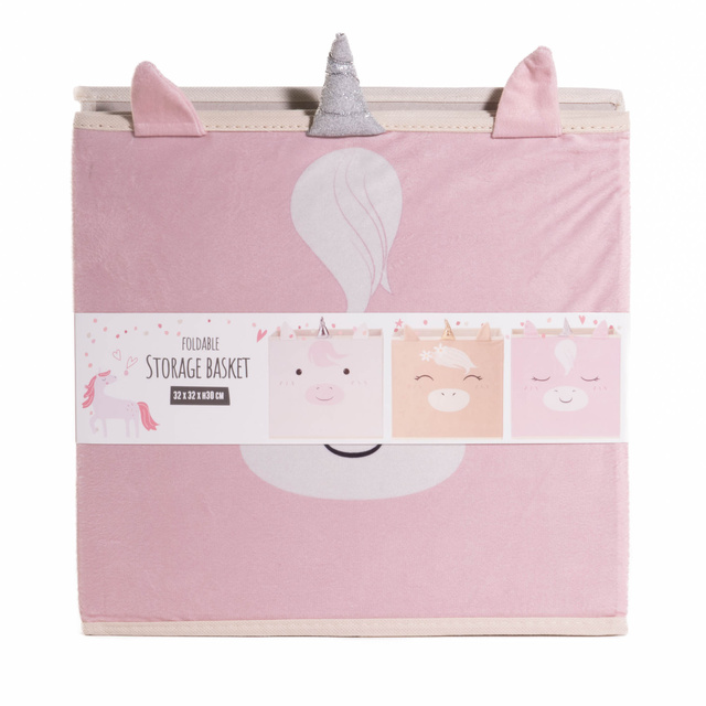 Cutie textila pentru jucarii cu unicorn cu corn si urechi, 32 x 32 x 30 cm