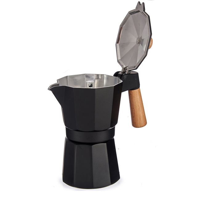 Cafetiera din aluminiu cu maner din lemn, 6 cesti