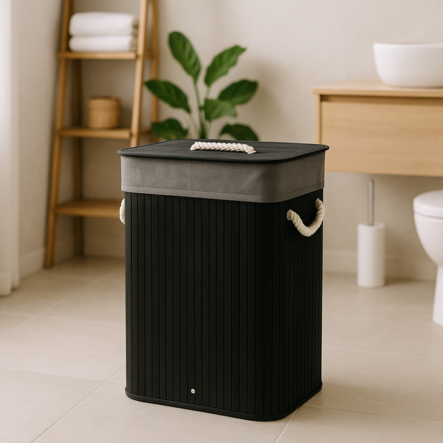 Coș de rufe negru din bambus, 80 l