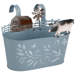 Vază metalică pentru ghiveci RANCH cu motiv de animale domestice, 34 cm, albastru