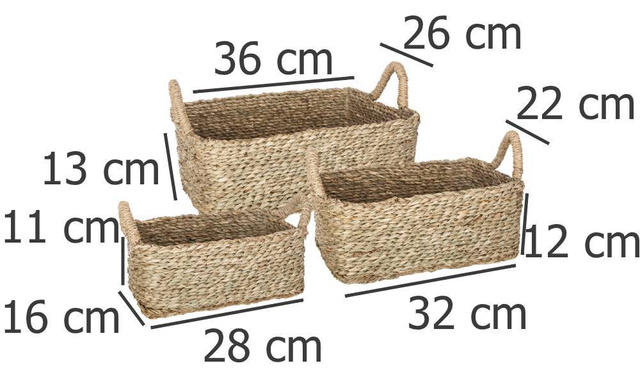 Un set de trei cosuri decorative dreptunghiulare cu manere, 3 dimensiuni