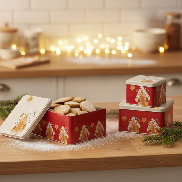 Containere metalice pentru biscuiți, 3 bucăți, roșu