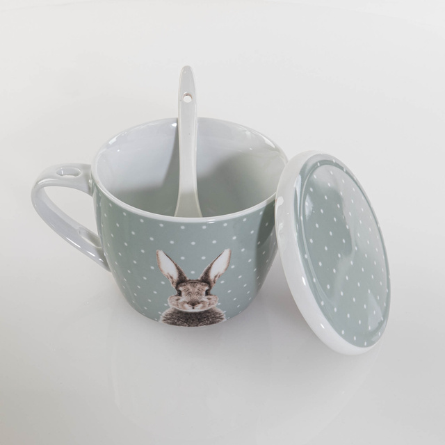 Cana cu capac si lingurita Fluffy, din portelan, iepuras, 600 ml