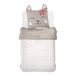 Lenjerie de pat pentru copii 140x200 cm LAZY MORNING, din bumbac, cu față de pernă cu urechi, pisicuță