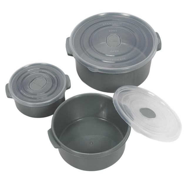 Containere pentru alimente pentru microunde, rotunde, 3 dimensiuni diferite, gri