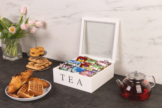 Cutie de ceai din lemn TEA, 9 compartimente, albă