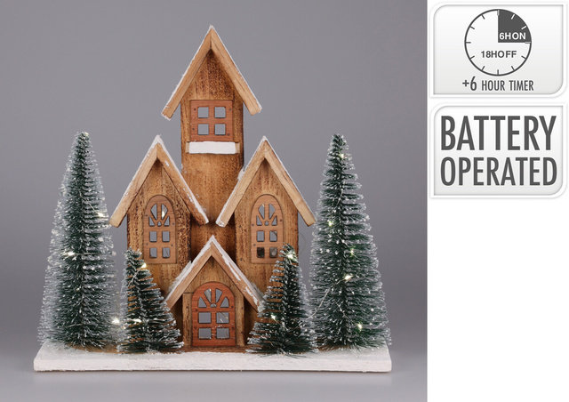 Figurină din lemn de brad cu LED Casă, 30 cm