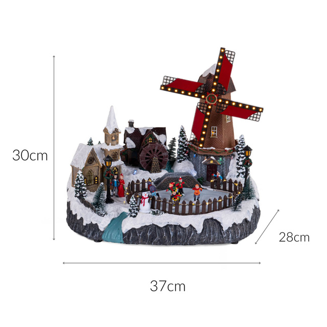Figurina sat de Craciun cu lumini si o moara de vant in miscare