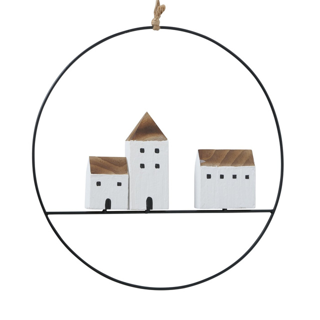 Decor de perete cu case din lemn, GOTAN, Ø 28 cm