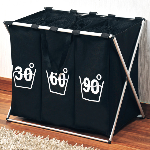 Coș pentru rufe 3 compartimente, Negru, 150 L.