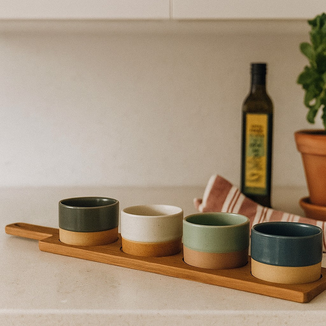 Boluri ceramice pentru gustări VOYO, 4 bucăți pe tavă dreptunghiulară