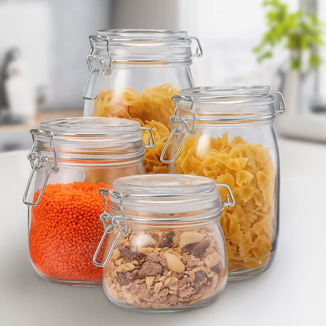 Borcanuri din sticlă cu clips RESO, 4 bucăți