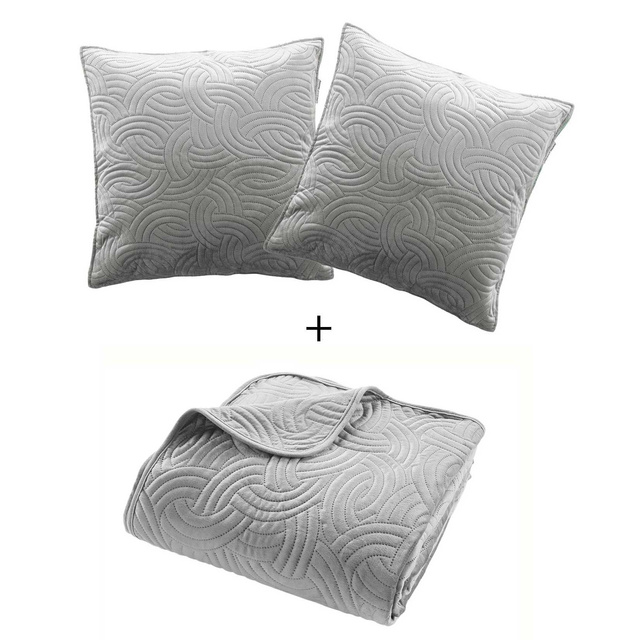 Set de lenjerie de pat din catifea SOLANGE, cuvertură + 2 fețe de pernă, gri