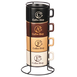 Set 4 cani ceramice pe suport metalic COFFEE SHOP, 180 ml