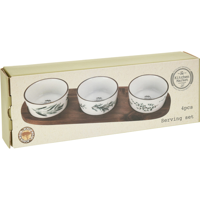 Set de trei boluri de servire pe o placa de salcam