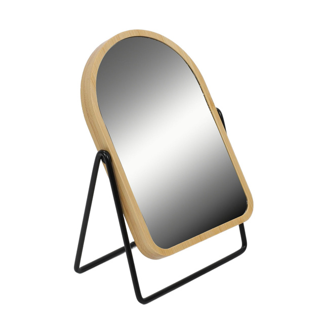 Oglindă de machiaj cu ramă din bambus, mărită, rotativă