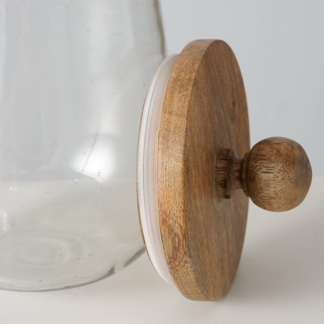 Borcan din sticla Varuf cu capac din lemn de mango, 12 cm