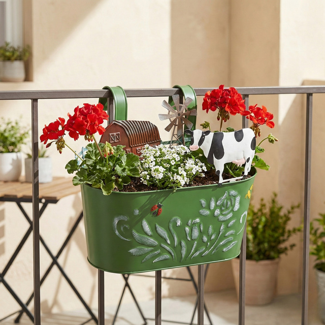 Vază metalică pentru ghiveci RANCH cu motiv de animale domestice, 34 cm, verde