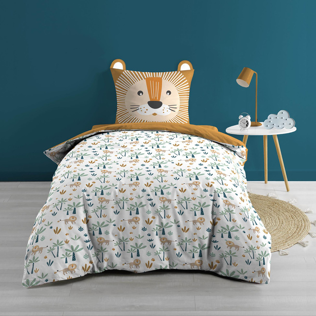 Set de lenjerie de pat din bumbac pentru copii, cu motiv de leu, 140 x 200 cm