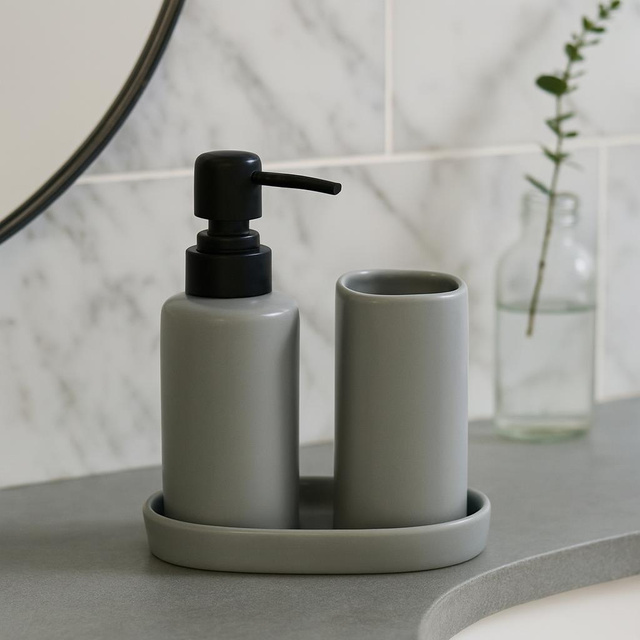 Set de baie PLY, dozator ceramic, cană și tavă, gri