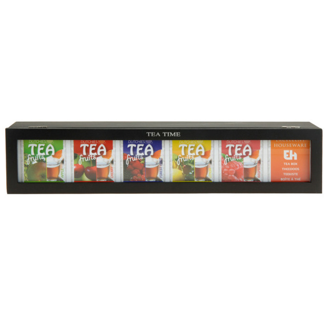 Cutie pentru ceai din lemn, dreptunghiulara, 6 compartimente, negru