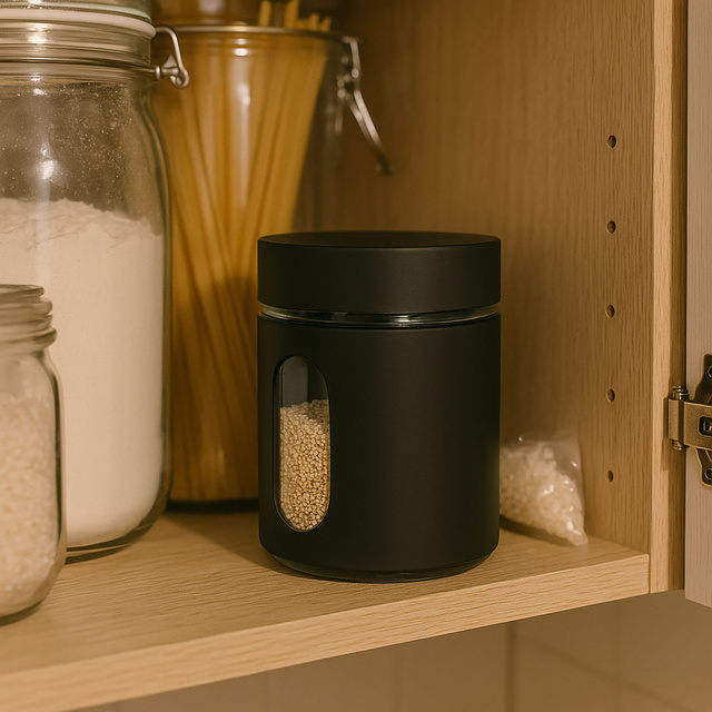 Pojemnik do przechowywania, szklany, w obudowie z wizjerem, pojemność 0,6 l, czarny, Zeller