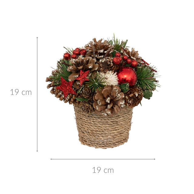 Decoratiune din conuri de pin si globuri in vas impletit, 19 cm