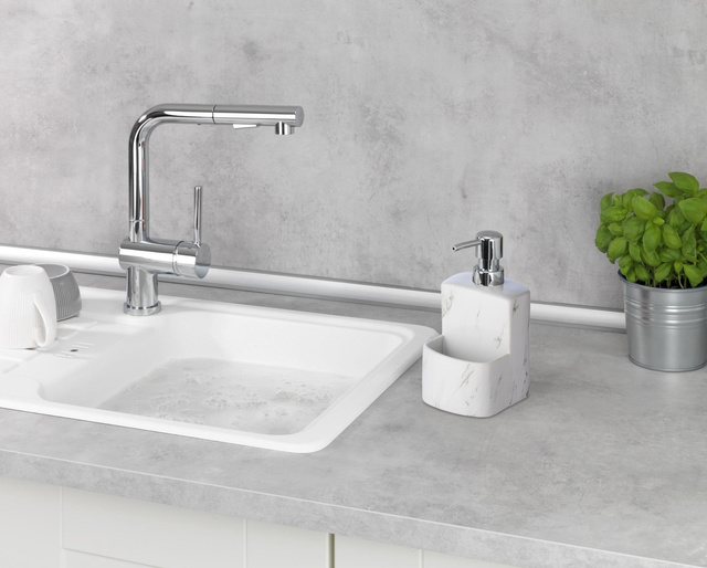 Dispenser săpun lichid FESTIVAL cu recipient pentru burete, ceramică cu motiv de marmură, 380 ml, WENKO