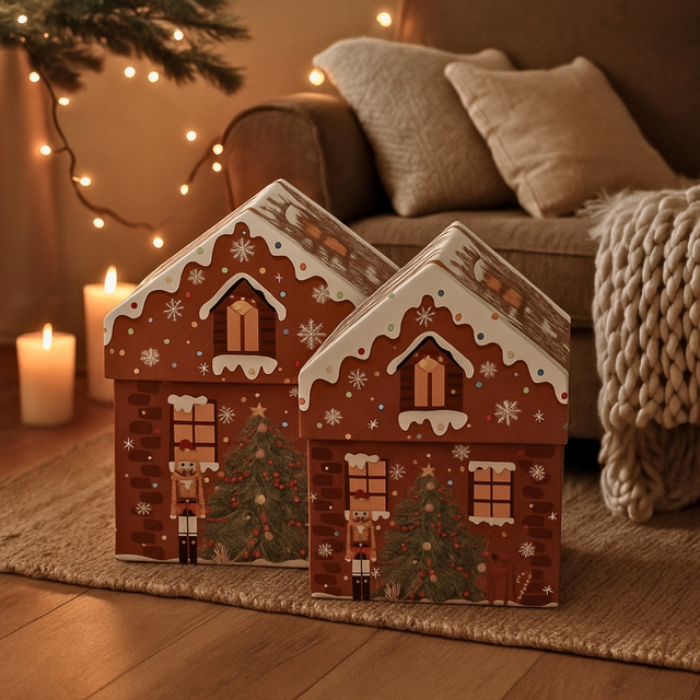 Cutii de Crăciun în formă de casă, set de 2 buc., maro deschis