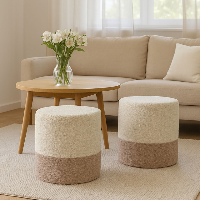 Puf rotund tapițat în două culori boucle, Ø 35 x 34 cm